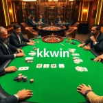 Engage in thrilling poker action at a luxurious kkwin casino table with vibrant chips and cards.