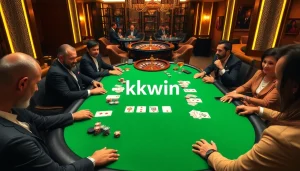 Engage in thrilling poker action at a luxurious kkwin casino table with vibrant chips and cards.