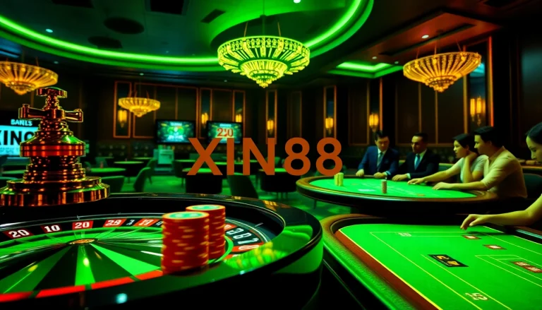XIN88 roulette wheel and poker chips in a vibrant online casino experience.