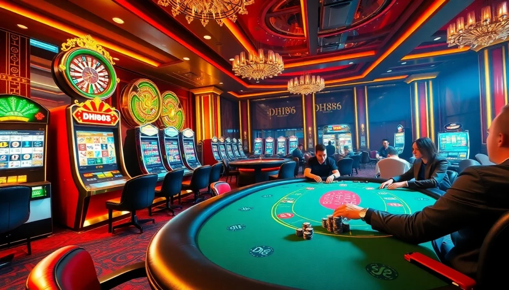 Exciting casino scene with high-stakes poker at DH88's luxurious gaming tables.