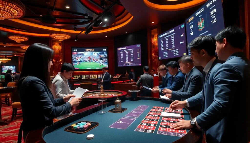 Experience แทงบอล excitement with players engaged at a vibrant casino betting table, colorful chips, and live odds.