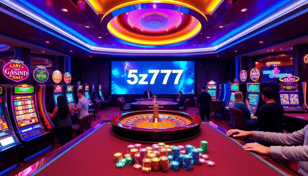 Players engaging with slot machines and roulette at the vibrant 5z777 casino.