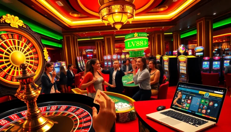 Players celebrating their wins at LV88 casino tables, showcasing vibrant gambling action.