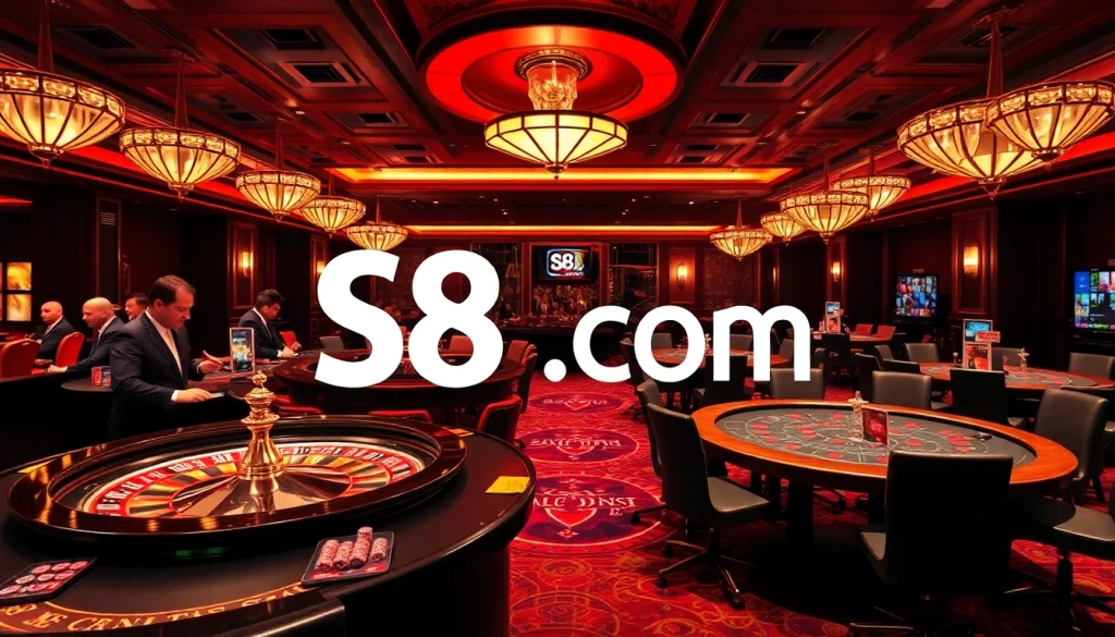 Capture the thrilling energy of gambling at S8.com with elegant casino scenes featuring vibrant tables and professional dealers.