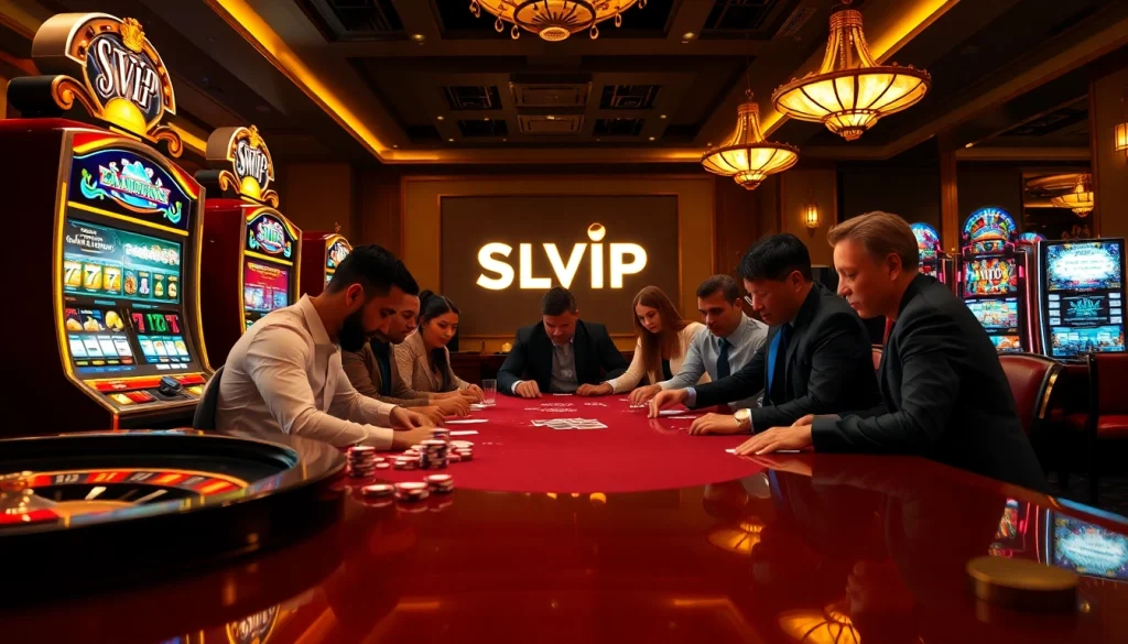 Experience thrilling gameplay at SLVIP casino with vibrant slot machines, exciting poker action, and elegant decor.