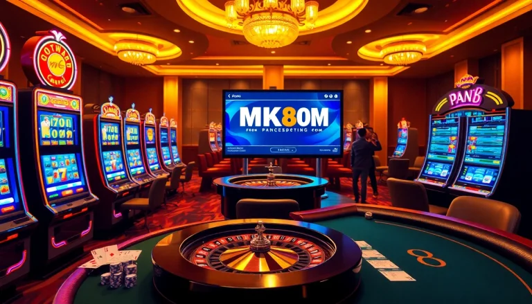 Engaging players at MK8.COM in a luxurious online casino setting featuring vibrant slot machines and roulette.