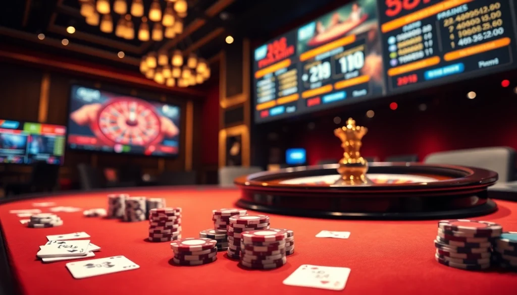 Experience the excitement of 68win online gambling with vibrant casino tables and poker chips.