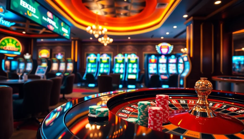 Experience thrilling gambling with EK333 at a luxurious casino table featuring roulette and poker chips.