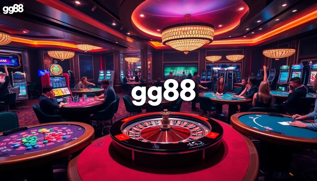 Excited players enjoying games at gg88 casino with vibrant tables and a roulette wheel.