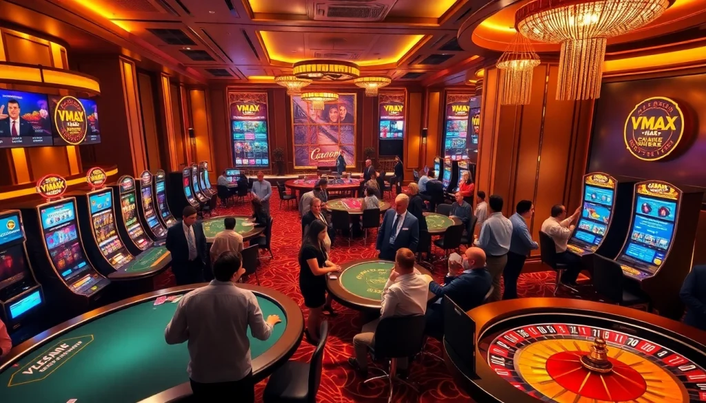 Experience the excitement of the vmax game with engaging tables and vibrant slot machines.