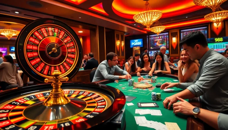 Experience high-stakes gaming at pg88 casino with vibrant roulette and poker action.