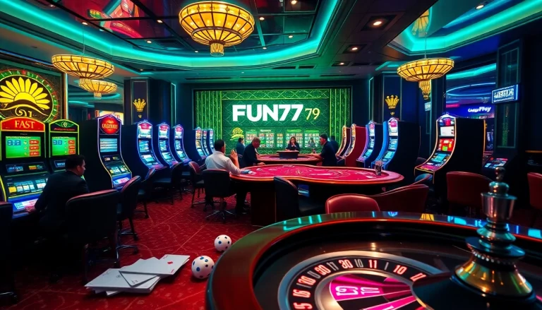 Action-packed FUN79 casino scene with vibrant poker tables and colorful slot machines.