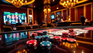 S8 casino scene featuring poker chips and playing cards on a luxurious table.