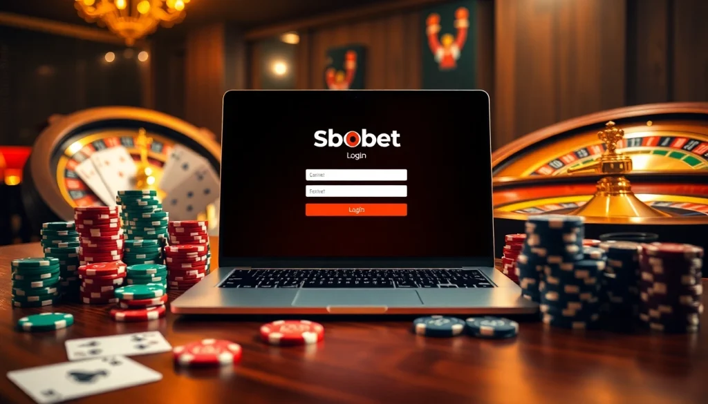 sbobet login interface on a luxurious casino table with poker chips and cards