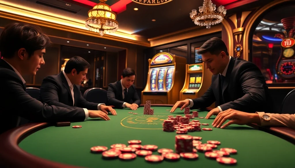 Experience an exciting moment at a KJC-branded casino poker table with lavish decor and vibrant colors.