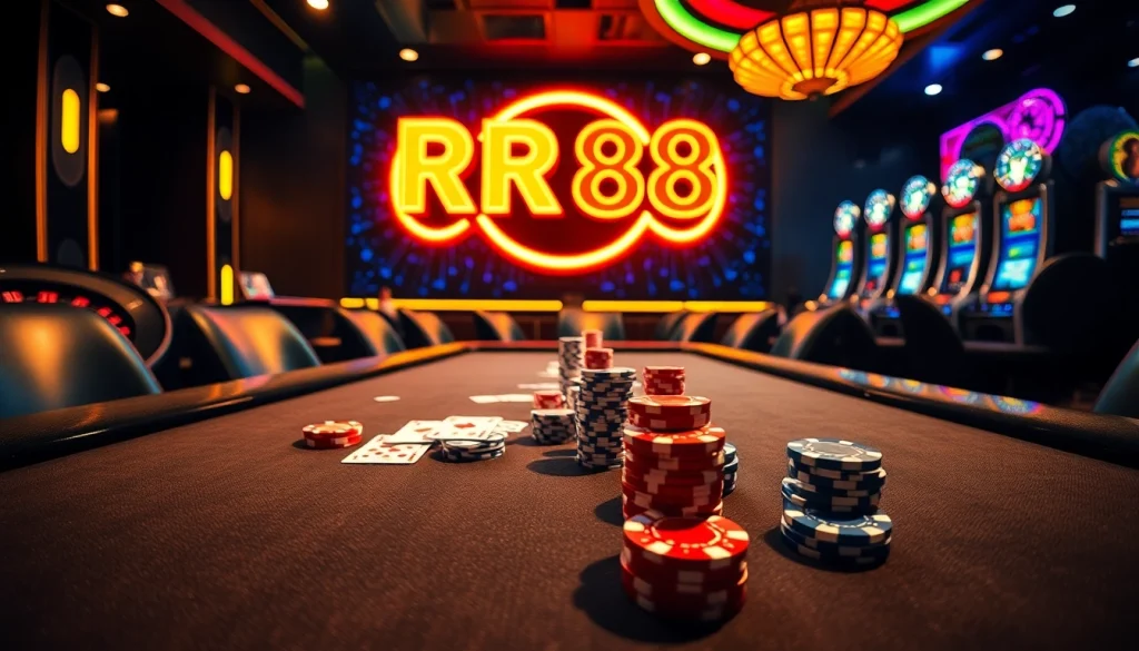 Experience the thrills of RR88 at a luxury poker table with vibrant casino chips and cards.
