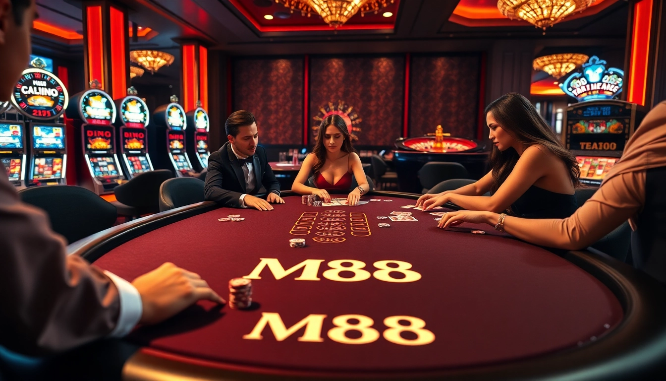 Players enjoying intense moments at the M88 poker table highlighting luxury in casino gaming.