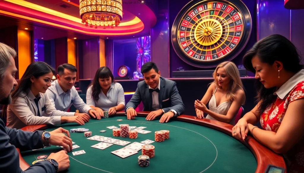 Engage in thrilling poker action with LINK VÀO Bomwin at a vibrant casino table filled with excitement.