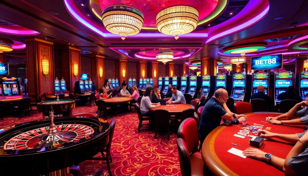 Players enjoying an engaging casino experience with BET88 branding and vibrant gaming elements.