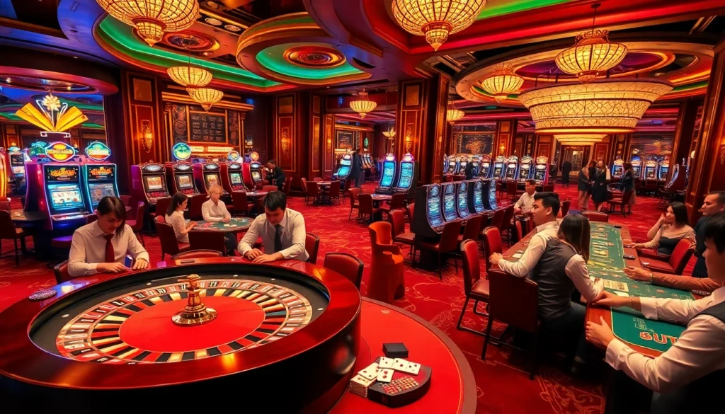 X88 themed gambling scene with players engaged at roulette and card tables, showcasing luxury and excitement.