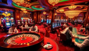 X88 themed gambling scene with players engaged at roulette and card tables, showcasing luxury and excitement.