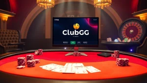 Join a thrilling poker game experience with ClubGG at an elegant casino setting.