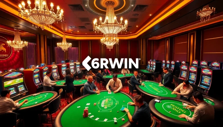 Players enjoying games at a vibrant 6RWIN casino with slot machines and poker tables.