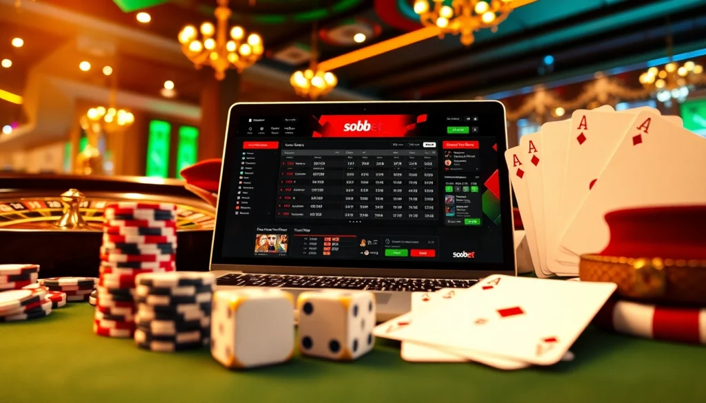 Sbobet online betting interface surrounded by poker chips and roulette wheel in a glamorous casino setting.