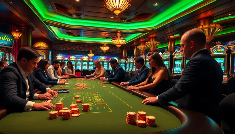 Gamblers engaged at a luxurious KJC casino table with vibrant lights and chips.