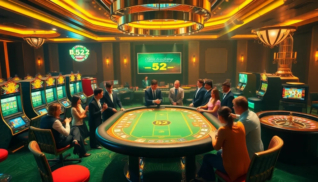 B52 players strategizing their bets at a vibrant casino table filled with cards and chips.