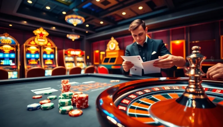 Engaging casino scene at https://c168.voto/ with thrilling poker chips and a spinning roulette wheel.
