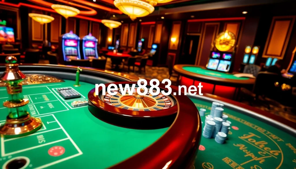 Players enjoying exciting games at https://new8838.net/ with roulette wheels and poker tables.