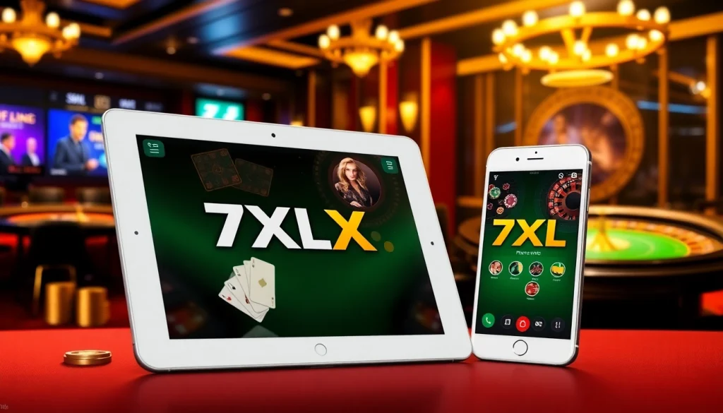התחוו את ההתרגשות מהימורים עם אפליקציית 7xl להורדה שמוצגת על מכשירים אלגנטיים מול רקע קזינו יוקרתי.