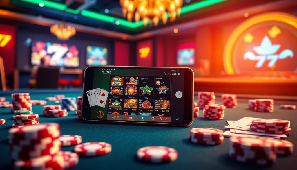 Experience thrilling gambling with the 7c77 app on a luxurious casino table filled with poker chips.