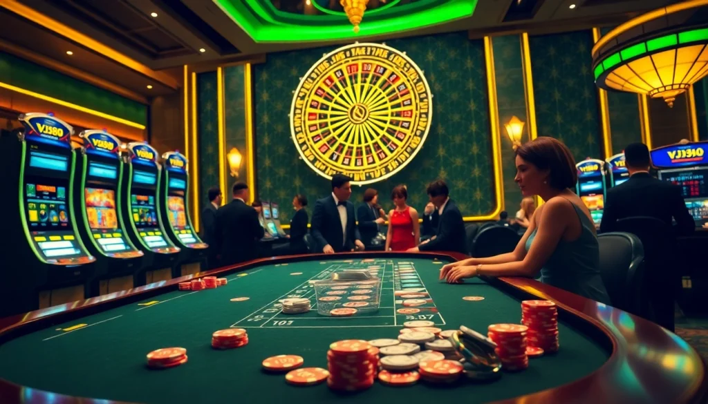 Experience the thrill of VJ88 with a vibrant casino gaming scene featuring poker chips and roulette.