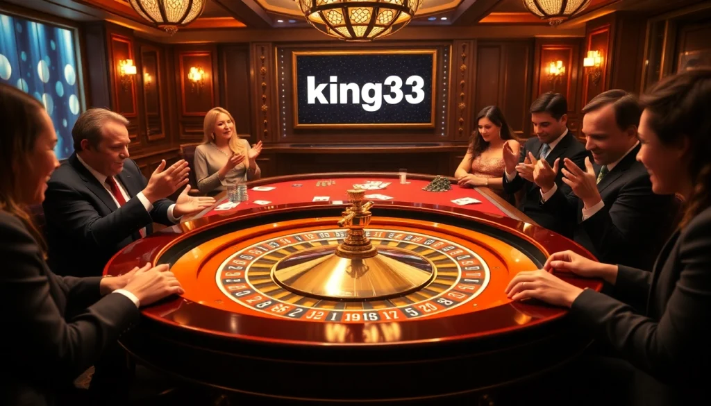 Intense gameplay at a luxurious casino table featuring king33 poker chips and elegant decor.