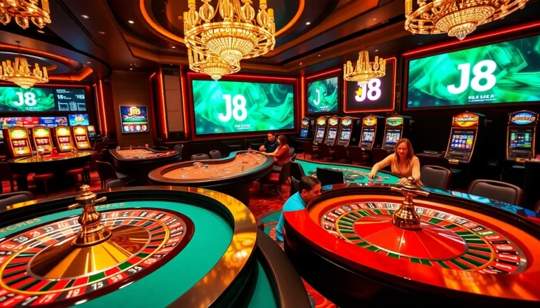 Experience thrilling gaming at J8's vibrant casino with roulette and poker action, emphasizing excitement and luxury.