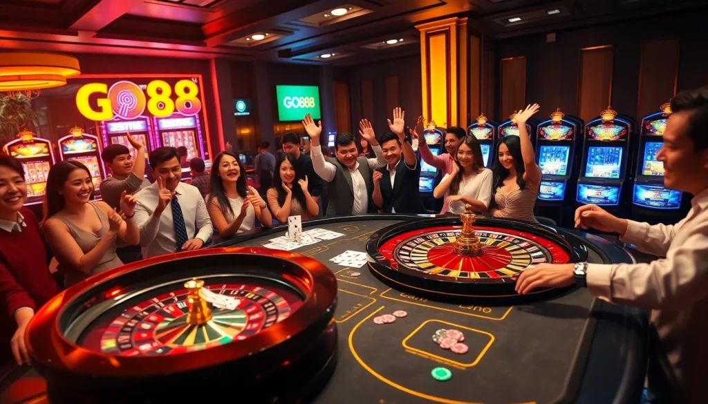 Experience the thrill of betting at the GO88 casino table with vibrant cards and chips.