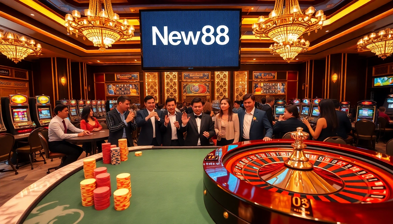 Excited players enjoying a luxurious casino experience at New88, featuring poker and roulette tables.