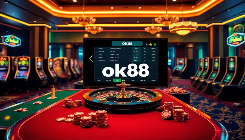 Exciting online casino scene at ok88 with vibrant tables, colorful slot machines, and poker chips.