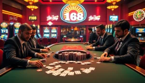 F168 poker players strategizing over a high-stakes table with vibrant casino elements.