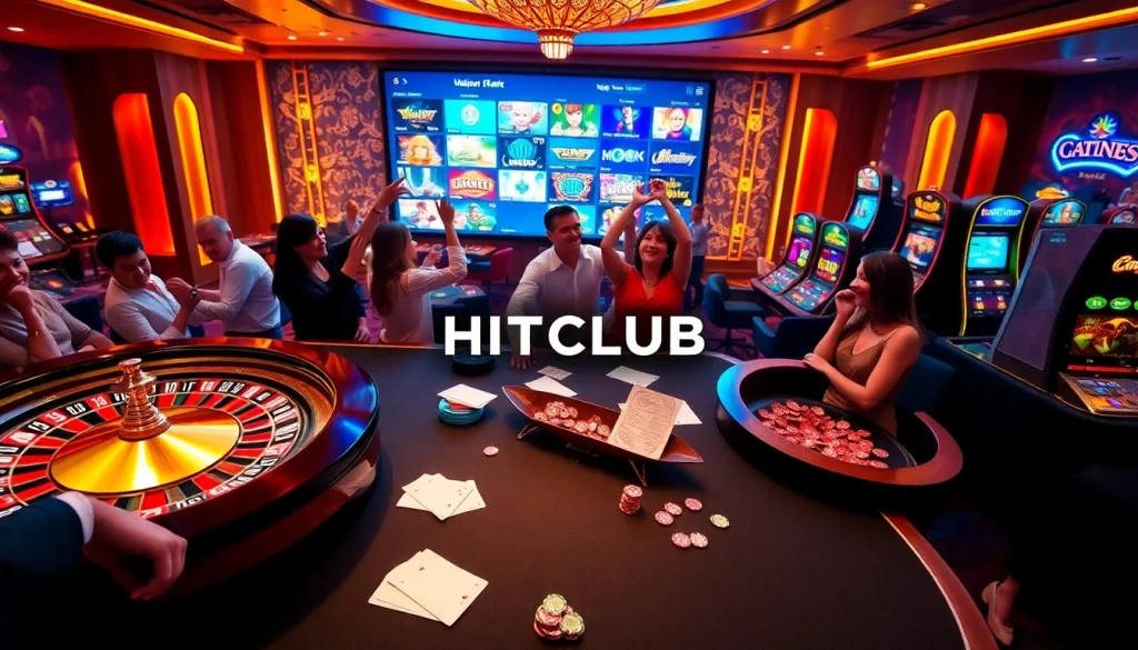 HITCLUB players enjoying thrilling online casino games at luxurious tables with vibrant roulette wheels.
