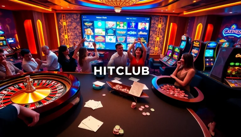 HITCLUB players enjoying thrilling online casino games at luxurious tables with vibrant roulette wheels.