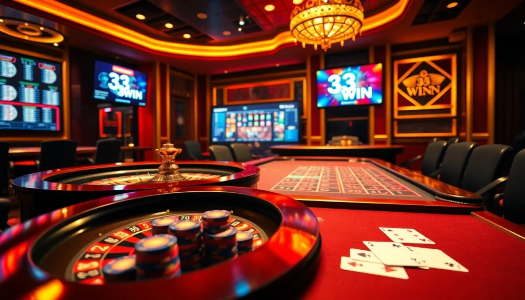 Feeling the thrill of 33WIN casino games with vibrant roulette and poker action.