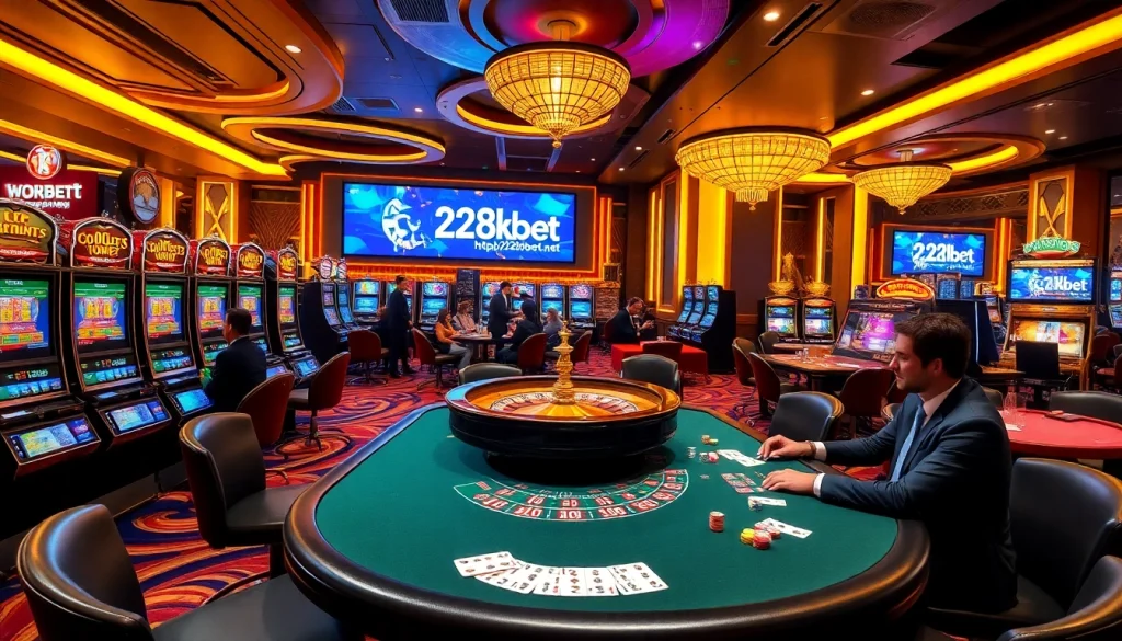 An engaging casino environment showing players at the poker table with the digital interface of http://228kbet.net/ enhancing a professional gambling atmosphere.