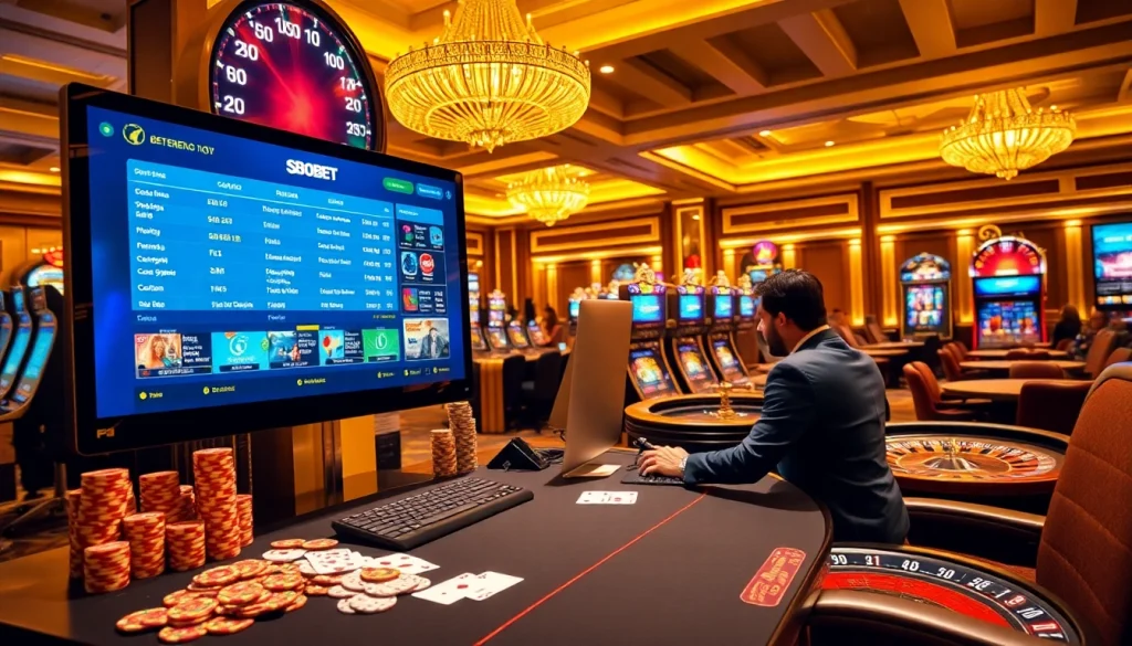 Experience sbobet betting action in a vibrant casino setting with poker chips and roulette wheels.