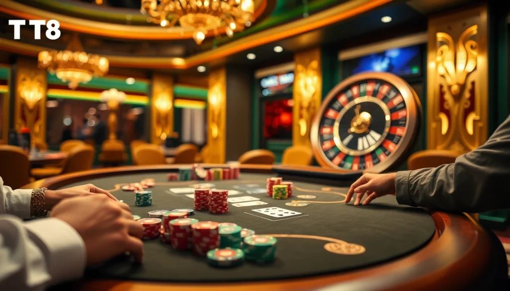 Engaging scene at TT88 showcasing exciting casino gameplay with poker chips and roulette.