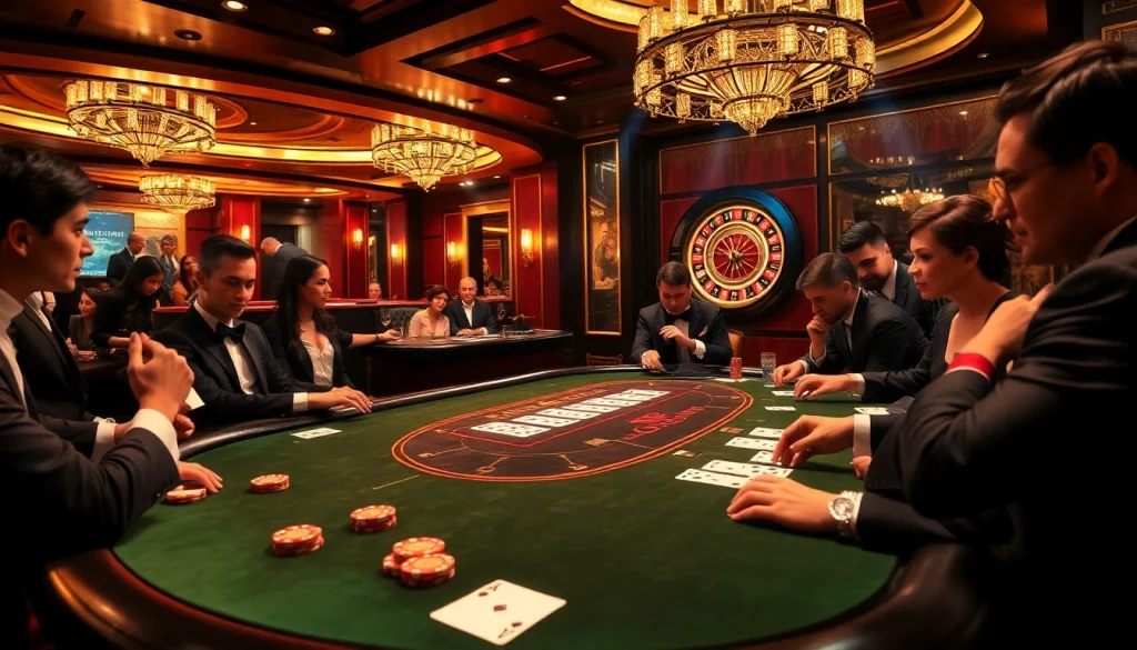 Exciting poker scene showcasing okwin's luxurious gambling experience with players at a high-stakes table.