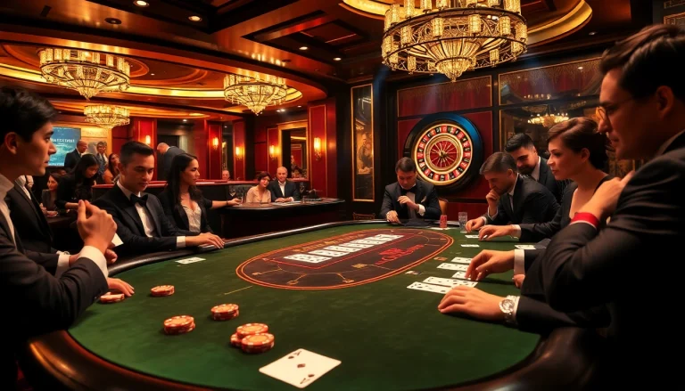 Exciting poker scene showcasing okwin's luxurious gambling experience with players at a high-stakes table.