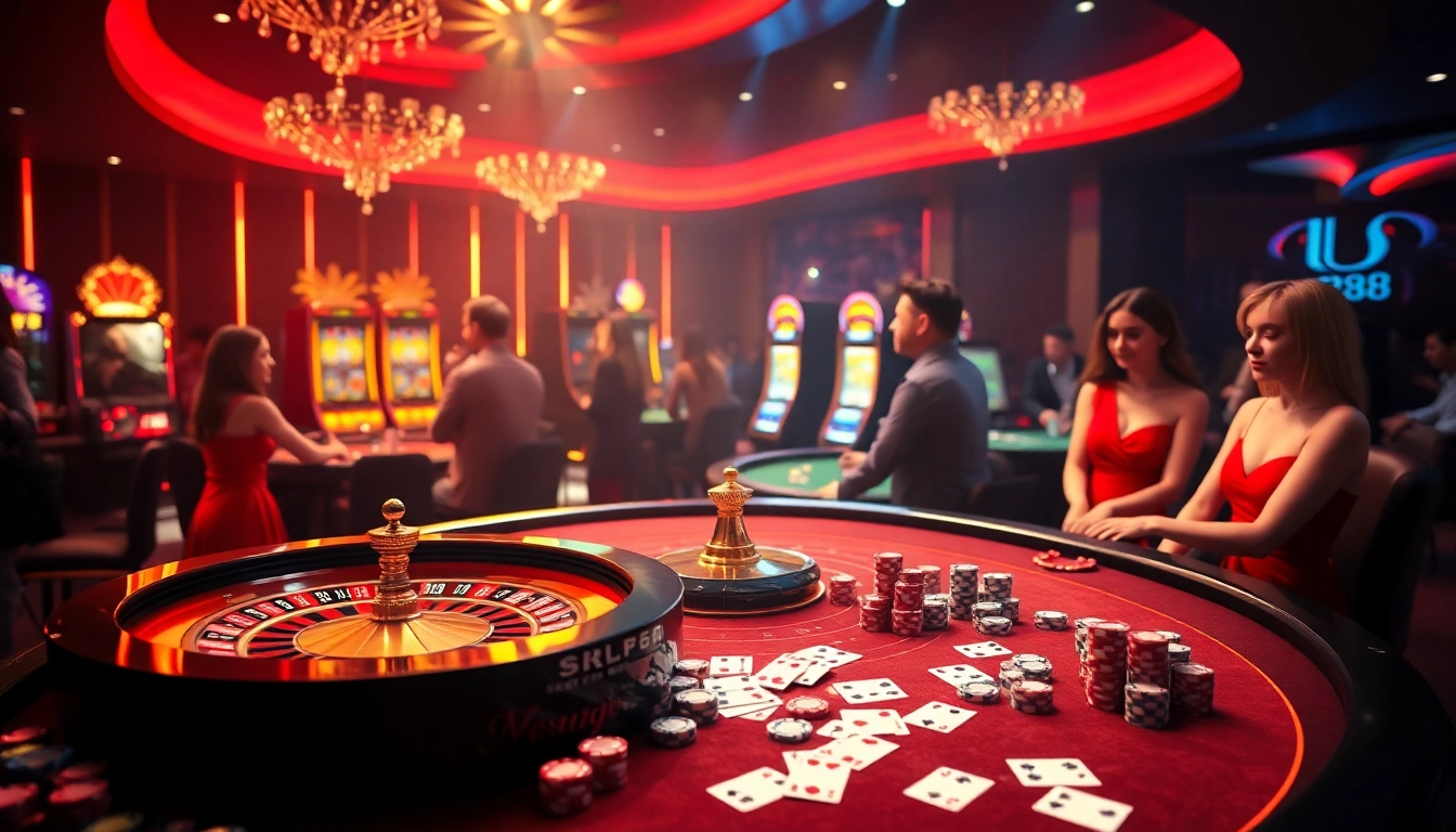 Experience the thrill of betting and winning at Nhà Cái RR88, featuring luxurious gaming tables and vibrant casino elements.